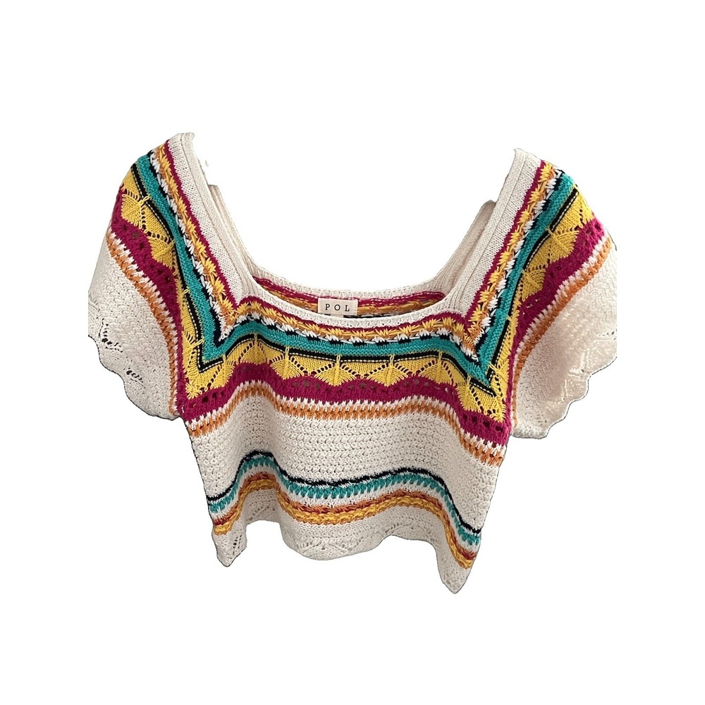 POL Crochet Top Womens Multi Color Boho Knit Striped Festival Crop Size M